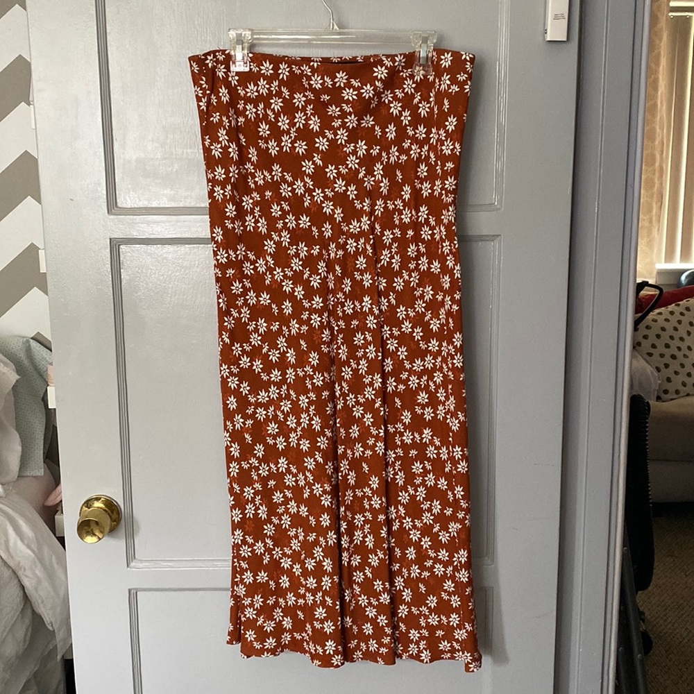 Loft skirt- dark orange/burnt Sienna in color, with floral design and side split